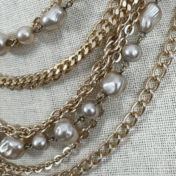 1950's MCM Coro 8 Strand Gold Chain and Pearl Bead Choker Bib Necklace 15” - Picture 7 of 11